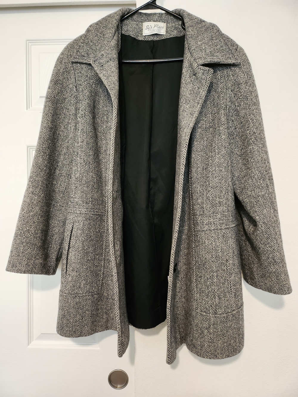 Vintage Sy's Place Div of Herman Kay Gray Herringbone Wool Car Coat - Picture 3 of 6